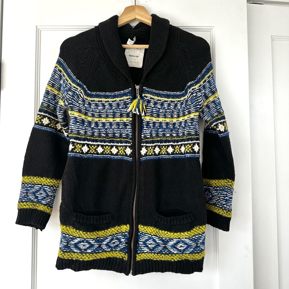 Sparrow‎ Cardigan Sweater Knit Open Front Pockets Fair Isle Small Anthropologie